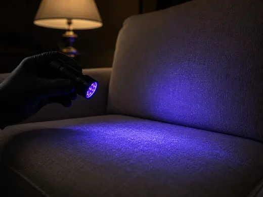 Luz UV revelando ácaros e sujeira invisível em sofá — higienização profissional em Maringá
