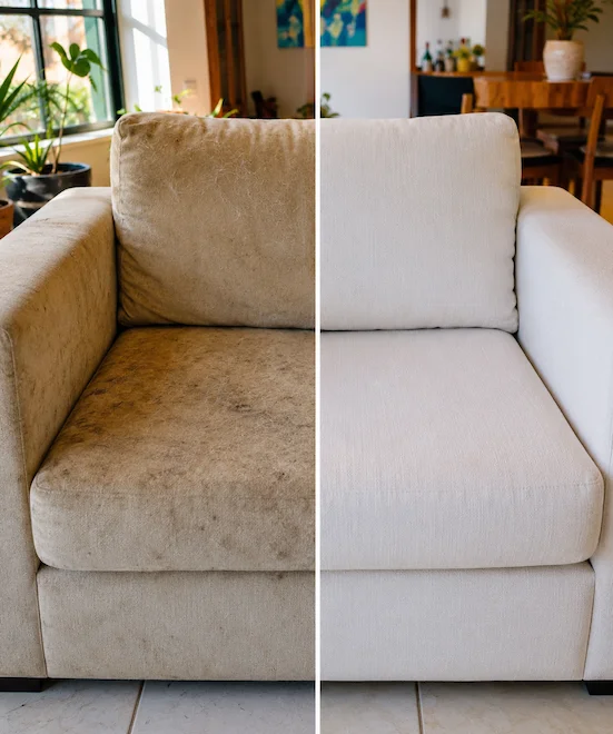 Higienização profissional de sofá em Maringá — antes e depois